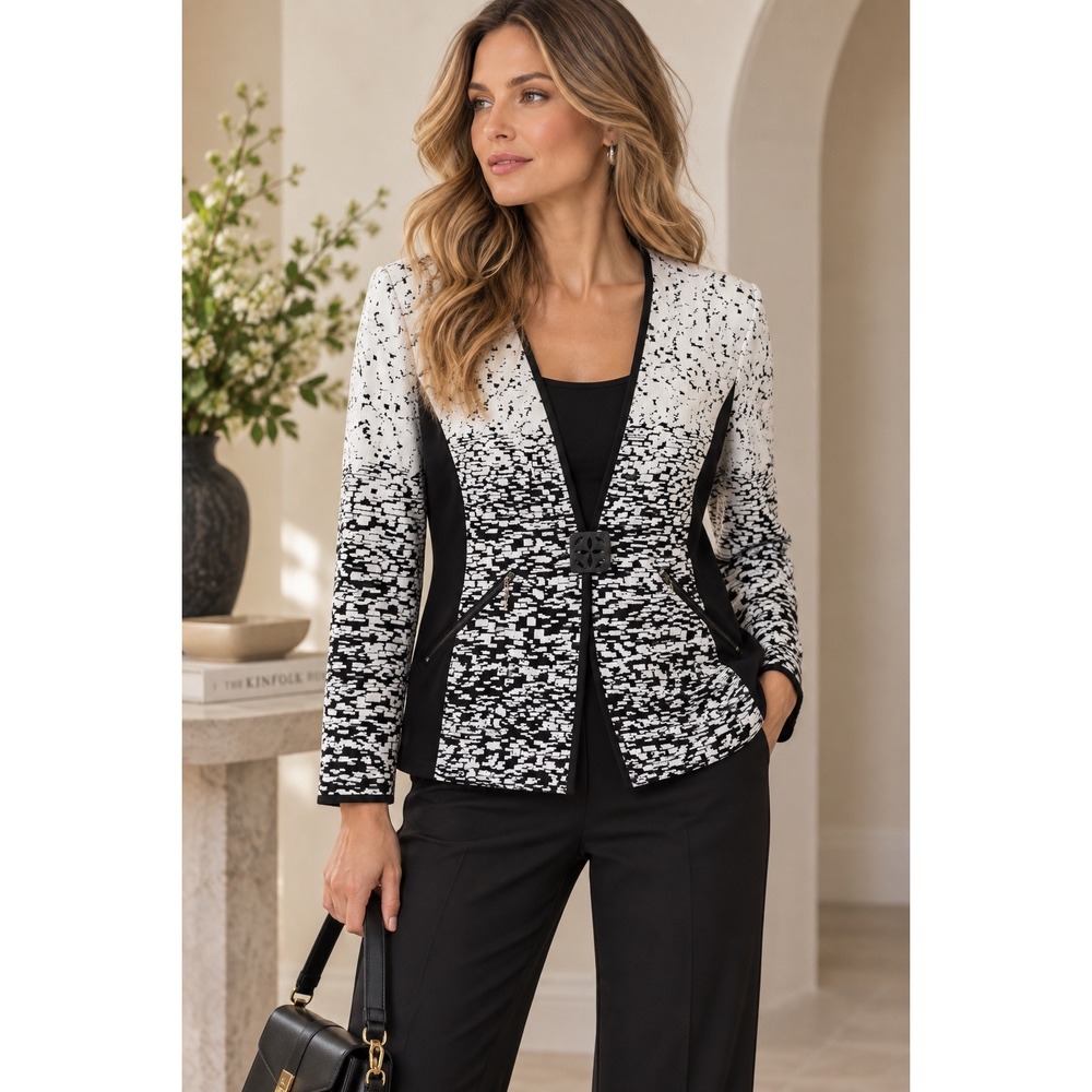 Black White Abstract Print Jacket Womens M Career Wear Wearable Art Stretch